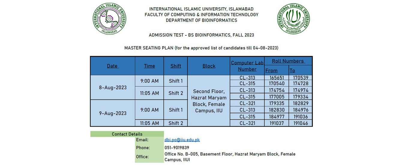 Master Seating Plan - BSBI Admission Test Fall 2023